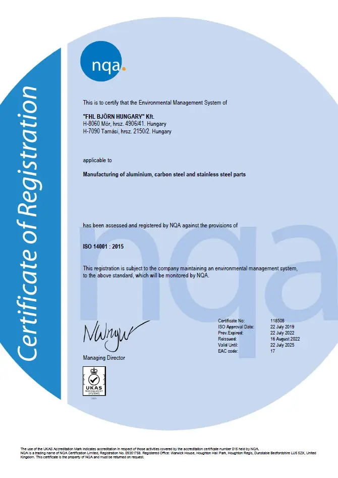 ISO 14001:2015 tanúsítvány